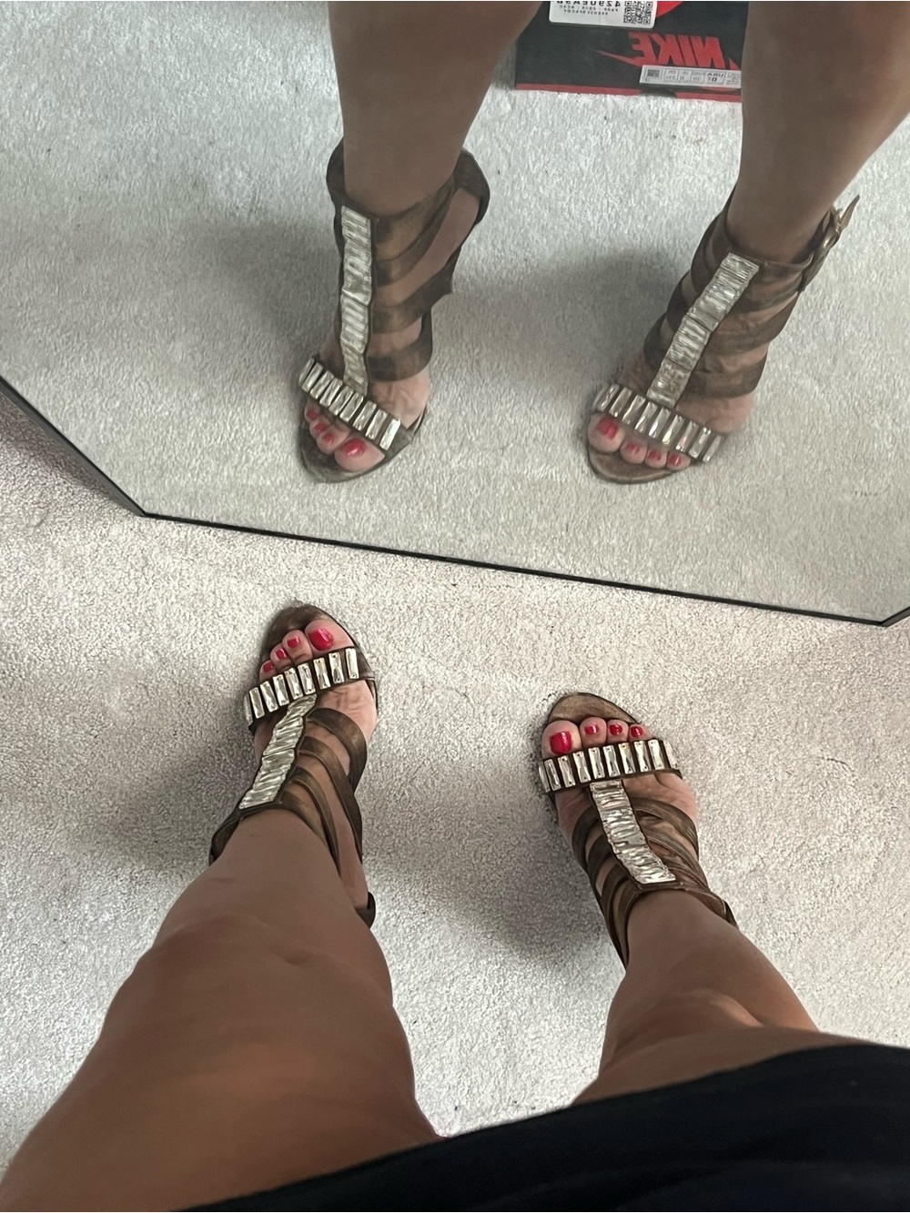 bebe Brown Gladiator Heels with Silver Bar Embellishments